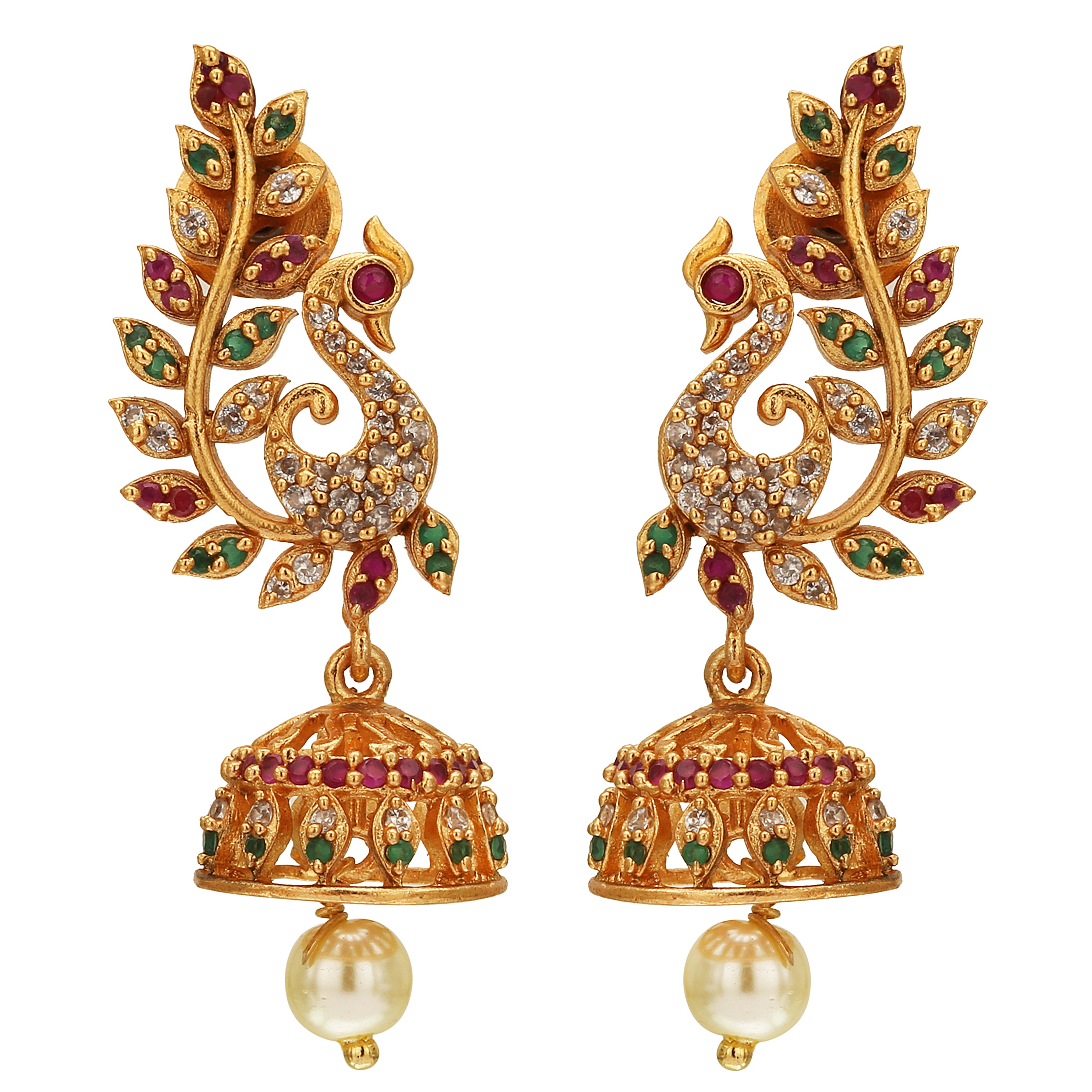 Exquisite peacock-inspired earrings in matte gold finish, showcasing intricate craftsmanship and cultural symbolism