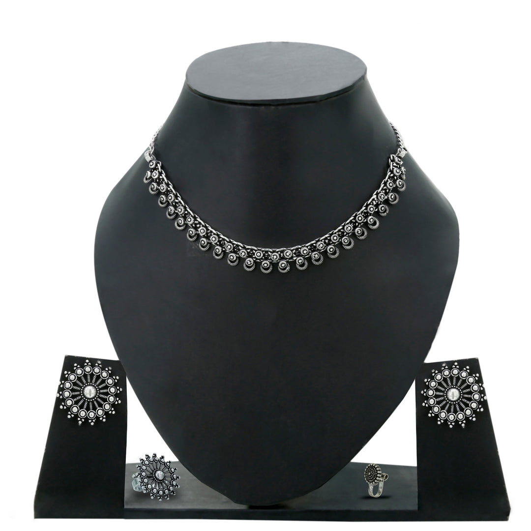 Oxidised German Silver Choker Necklace Online - Combo Jewellery Set - Sasitrends