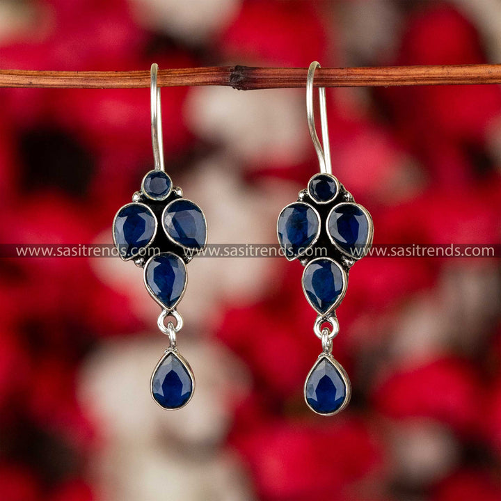 Sapphire blue gemstone dangle earrings with oxidized vintage look