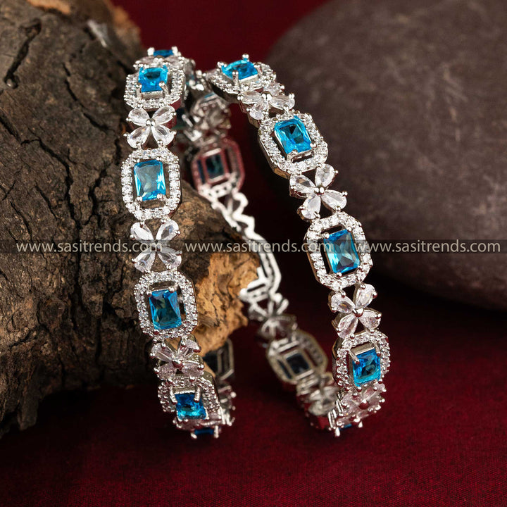 Sasitrends Floral Designer American Diamond Ocean Blue Stone Stud Bangles