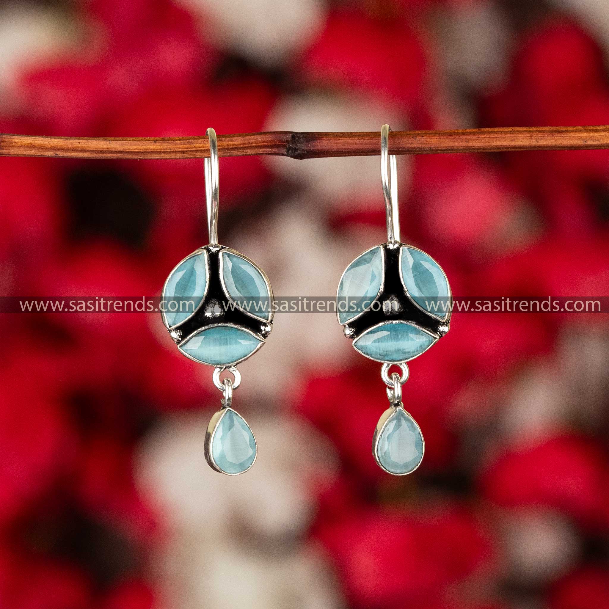 Seafoam blue stone earrings with oxidised German silver setting and delicate drop