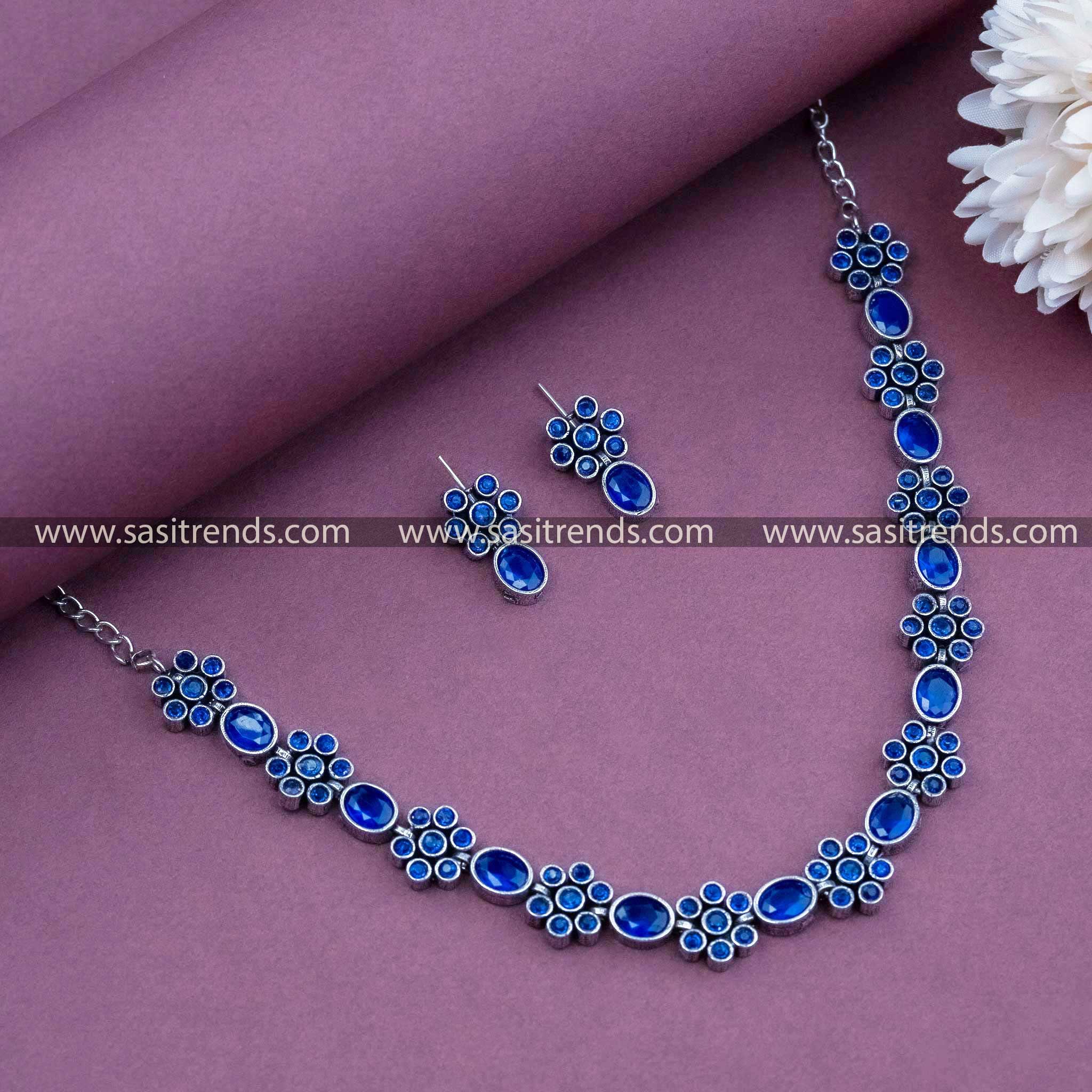 Captivating Blue Oxidised German Silver Necklace Jewellery - Floral Grace