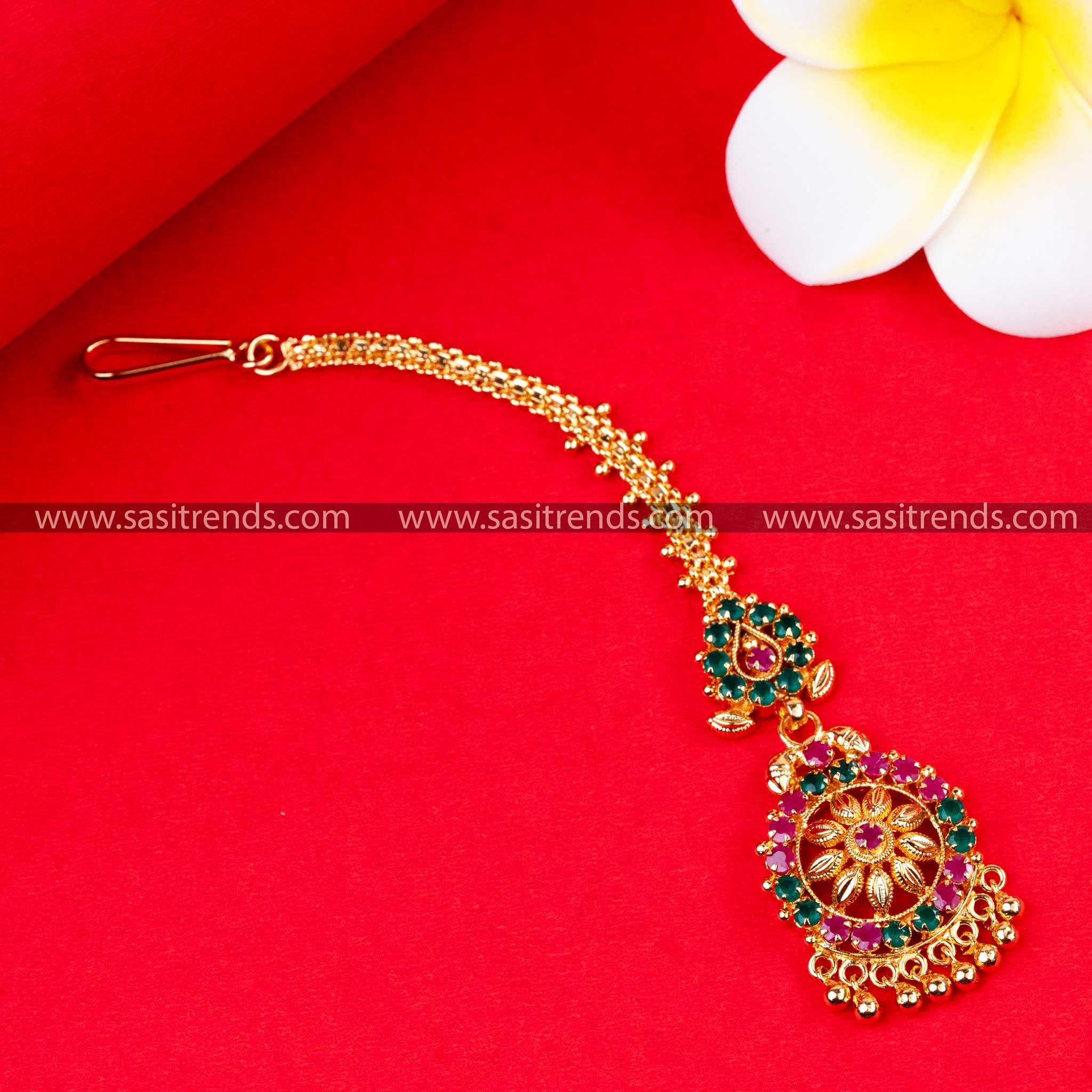 Captivating Gold Plated Maang Tikka with Ruby Green Color Stone - Regal and Alluring