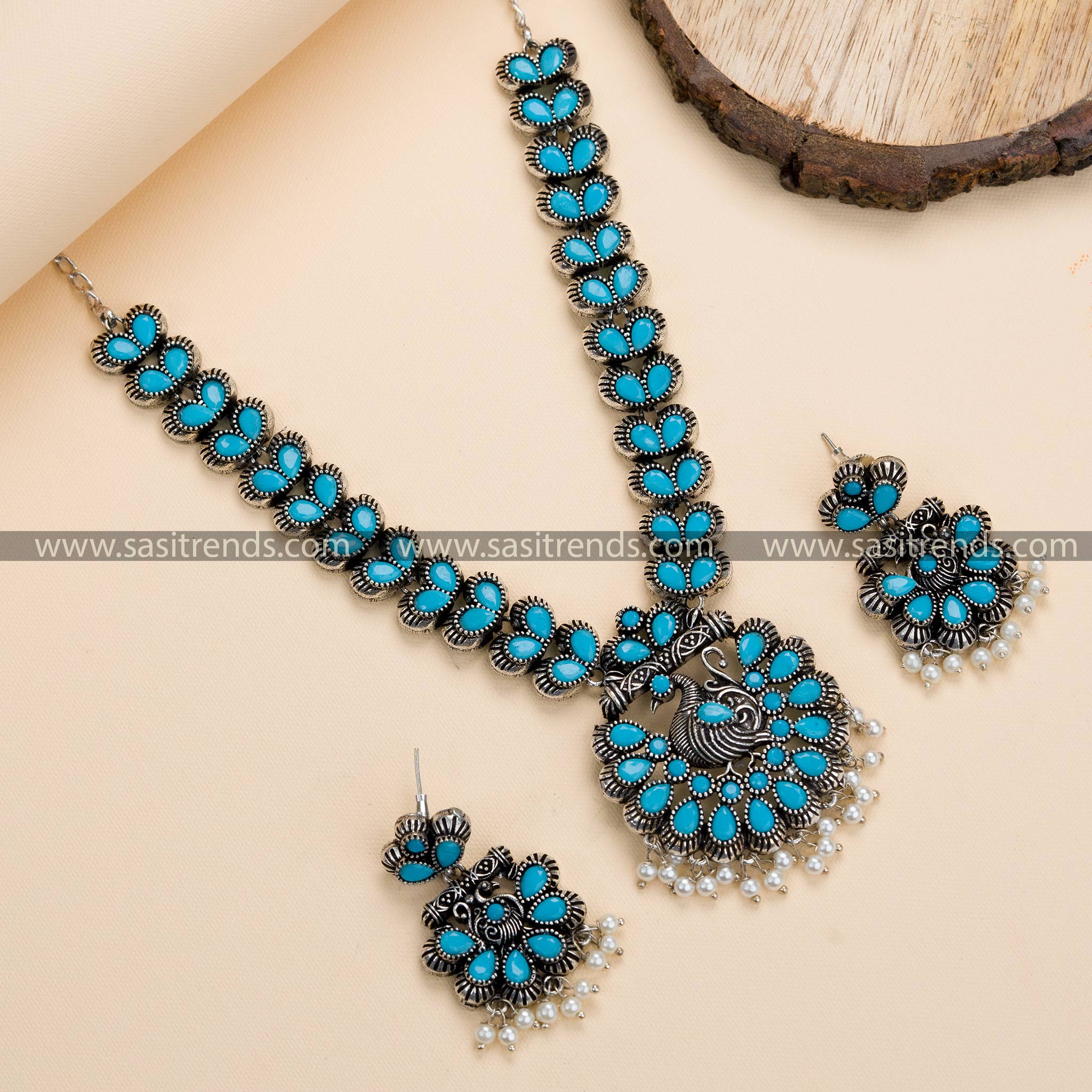 Trendy Party Wear Peacock Oxidised German Silver Necklace Set with Earrings, Sky Blue Stone Accents