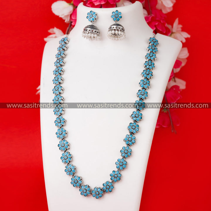 Sky Blue Gemstones Necklace Set - Trendy Floral Pattern Party Wear Oxidized Silver Jewelry with Matching Jhumkas and Pearl Drops