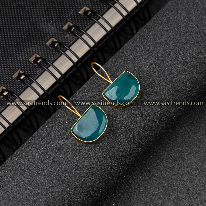 Special Elegance Gold Plated Peacock Green Monalisa Stone Fish Hook Earrings 