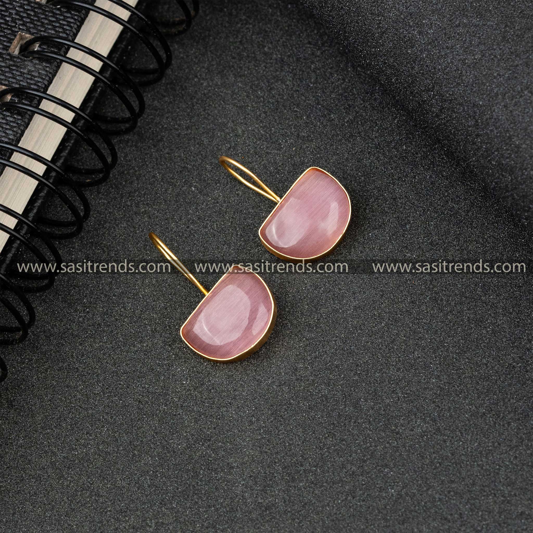 Latest Gold Plated Monalisa Stone Fish Hook Earrings For Office Wear - Sasitrends, Pink