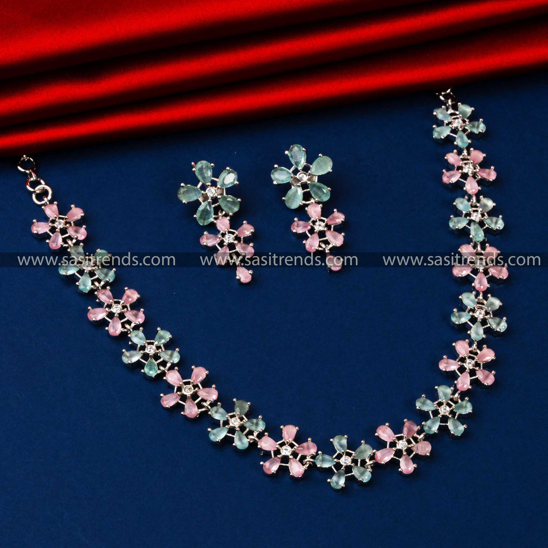 Rhodium Silver Plated Party Wear Necklace Set with Mint and Pink American Diamond Stones