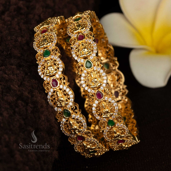 Sasitrends - Divine Real Gold Look One Gram Micro Gold Plated Floral Bangles with Ruby and Emerald Stones