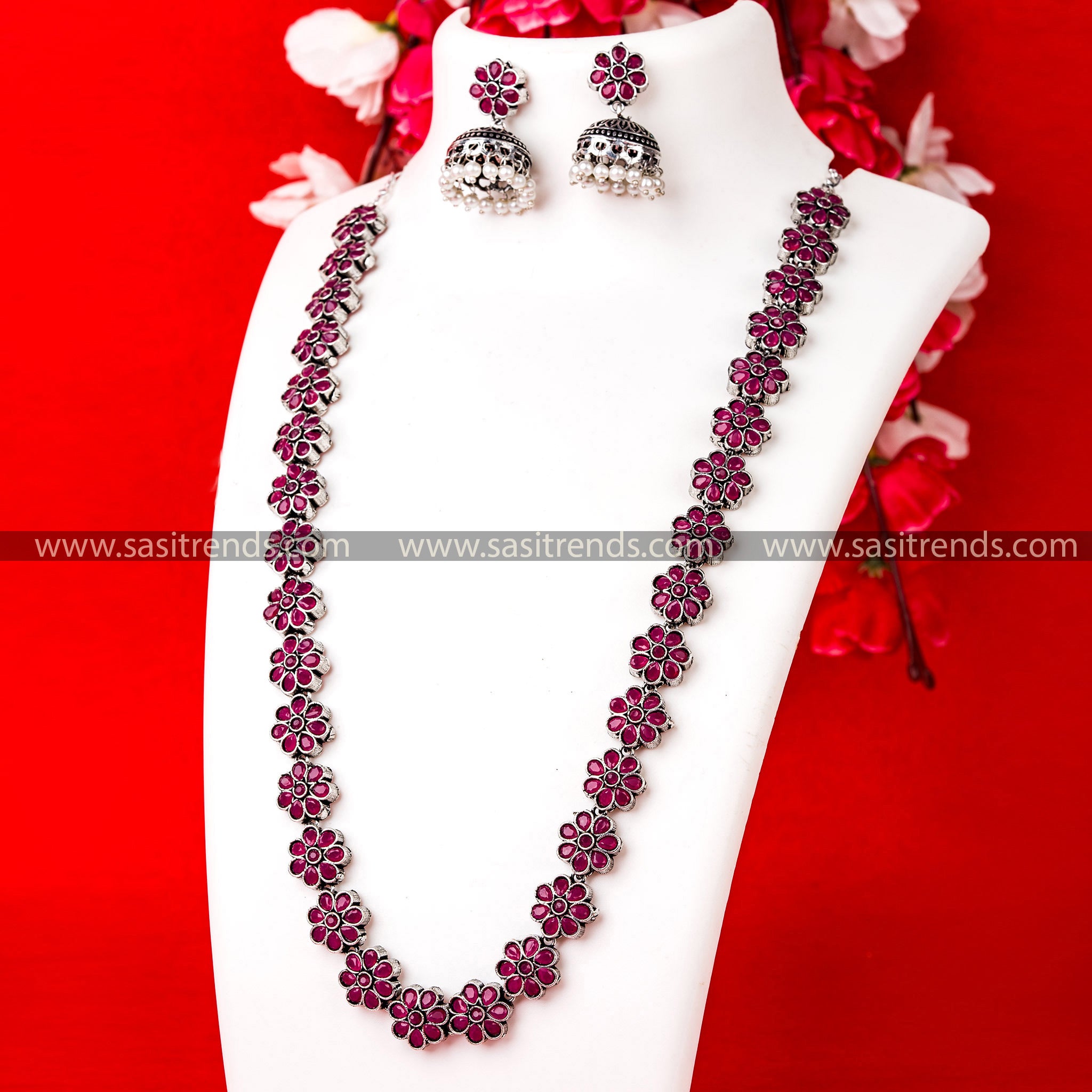 Ruby Stone Floral Necklace Set - Party Wear Oxidised German Silver Jewelry with Floral Motifs