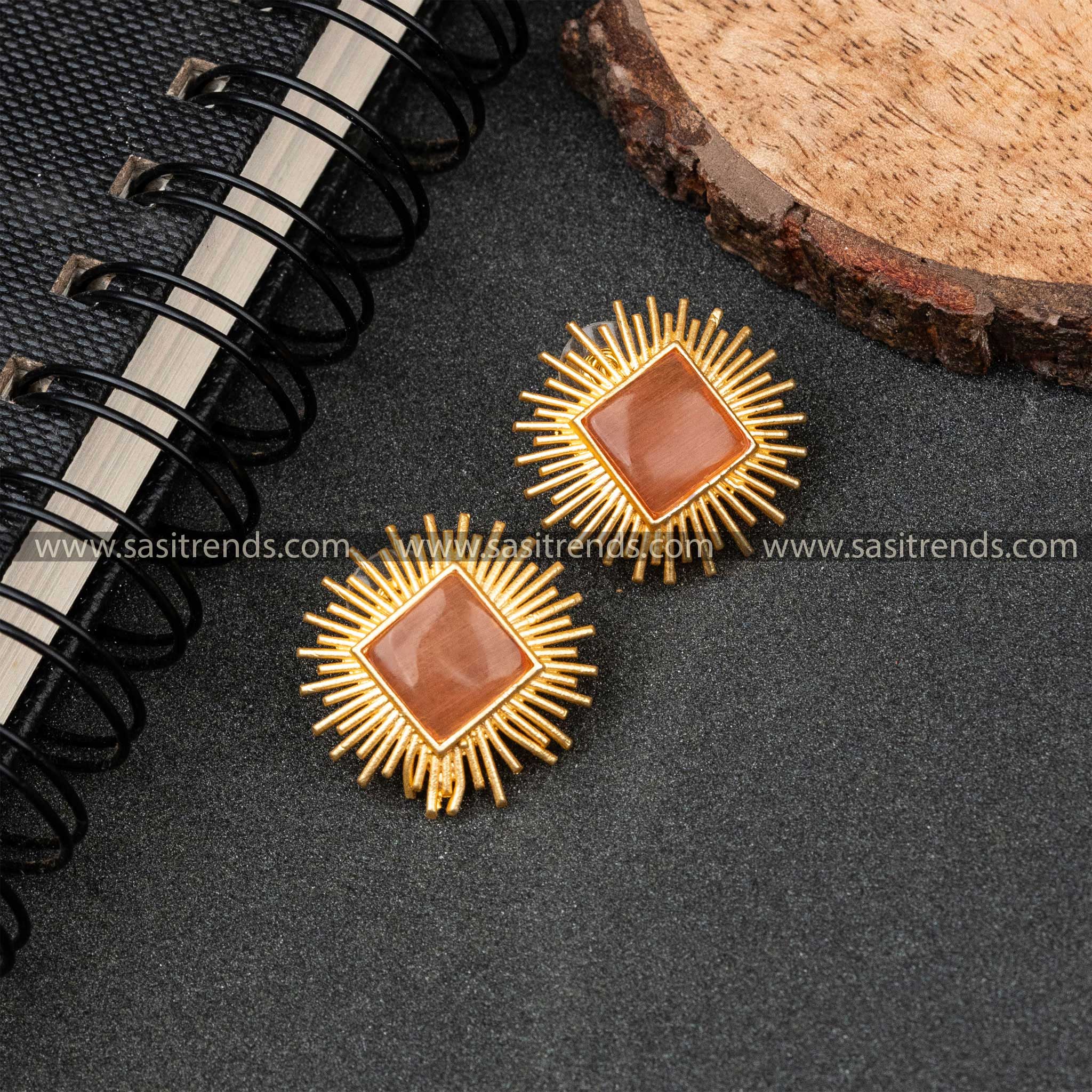 Style Gold Plated Rectangle Monalisa Stone Push Back Earrings 