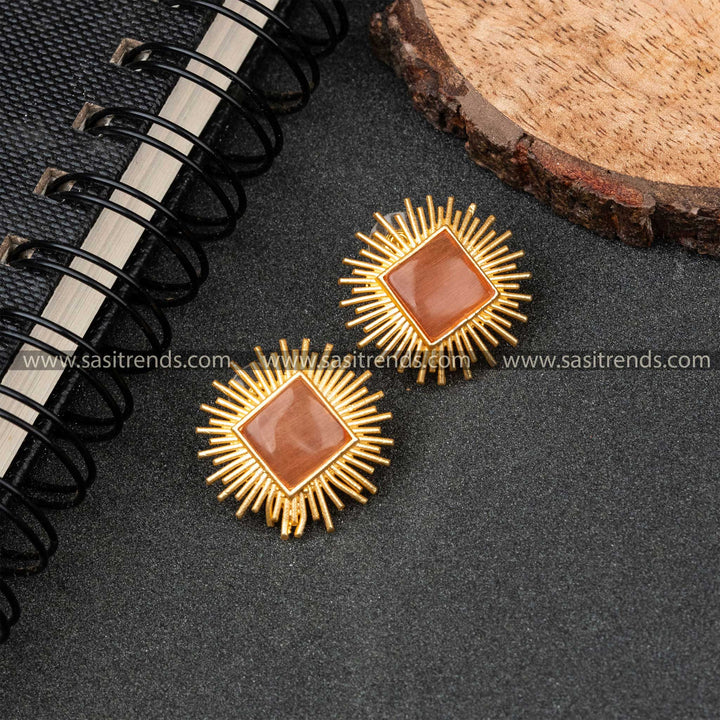 Sasitrends - Elegant Party Wear Gold Plated Monalisa Stone Feather Earrings