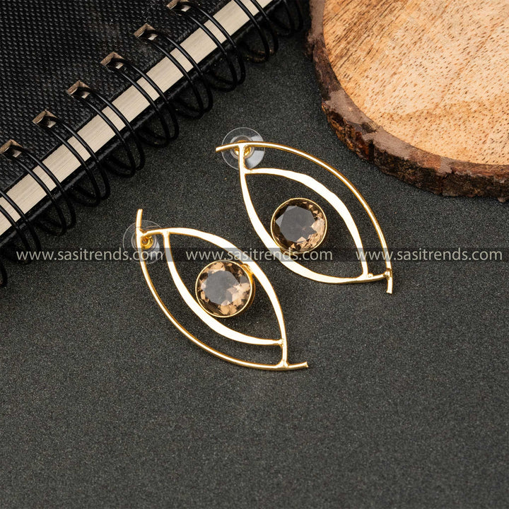 Stylish Wear Gold Plated Smoky Monalisa Stone Studded Push Back Eye Pattern Earrings