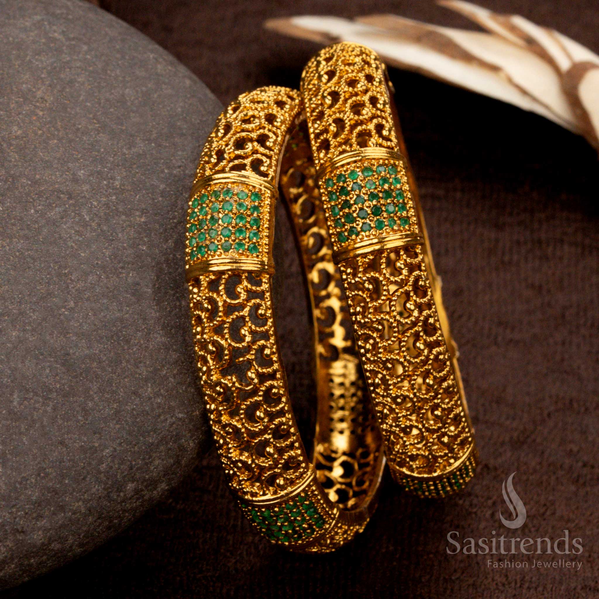 Wedding and Festive Wear Bangles with Ornate Filigree Detailing and Bead Accents - Sasitrends