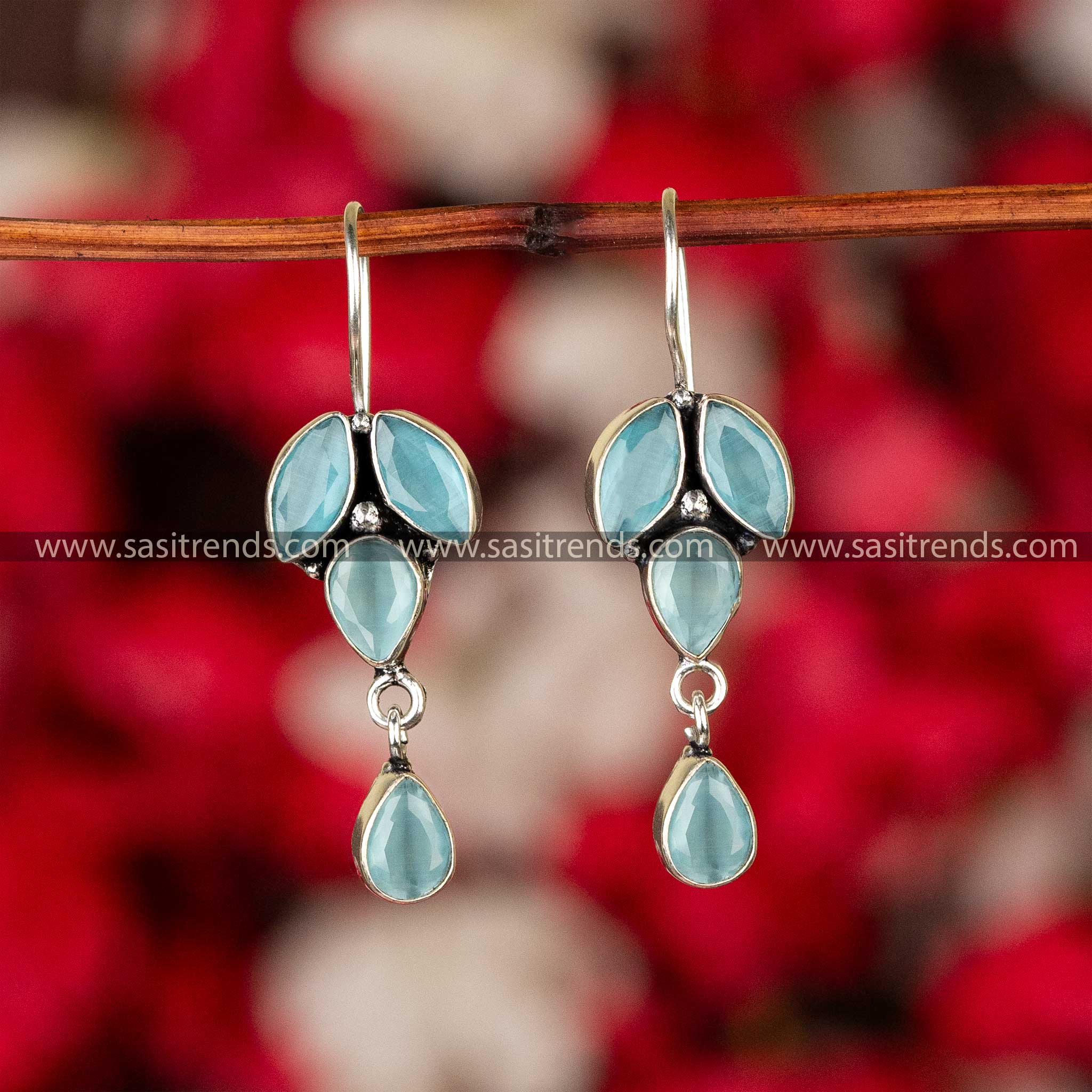 Teal Glittering Stone Studded Fish Hook Earrings