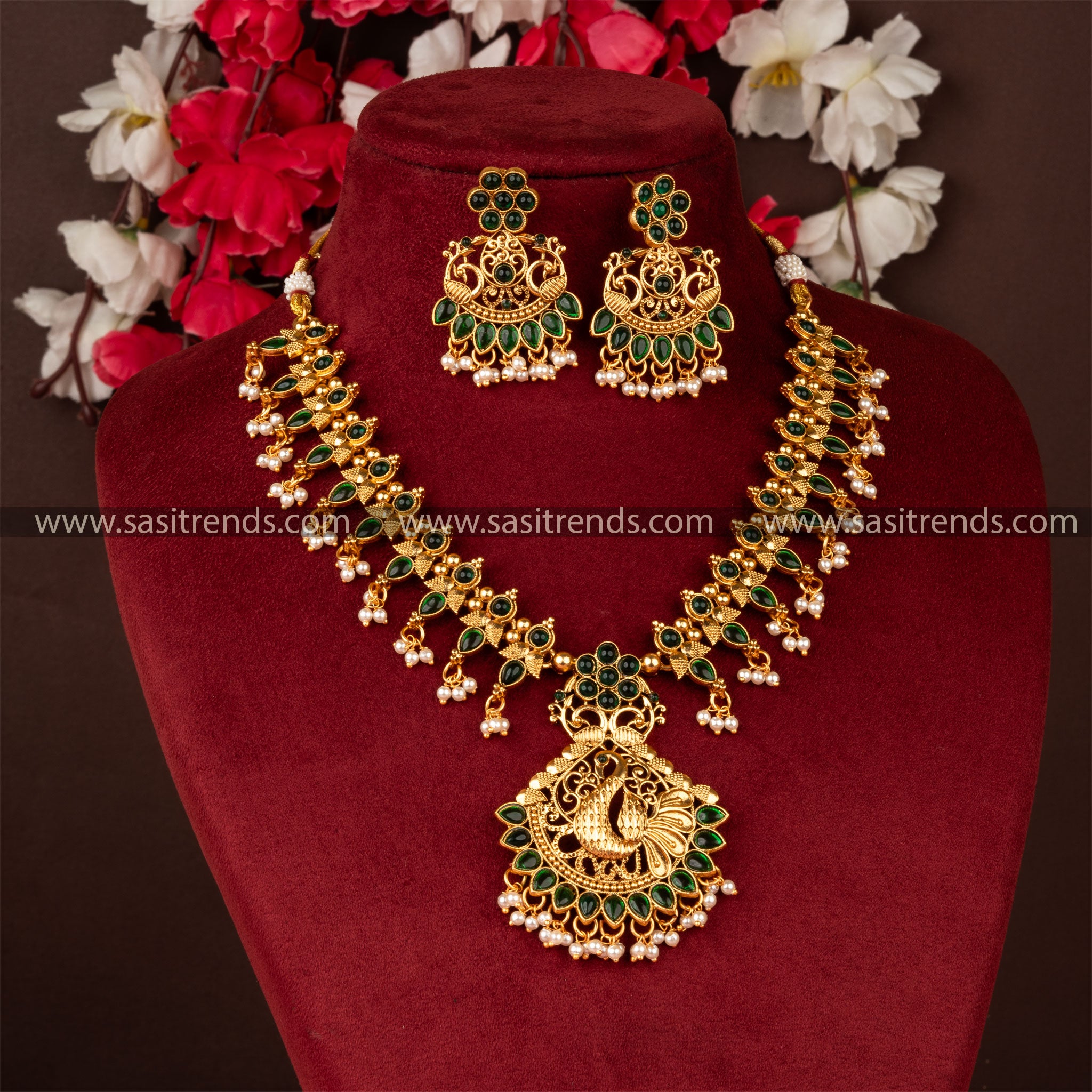 Temple Classic Matt Gold Peacock With Floral Patter Green Jewellery Set