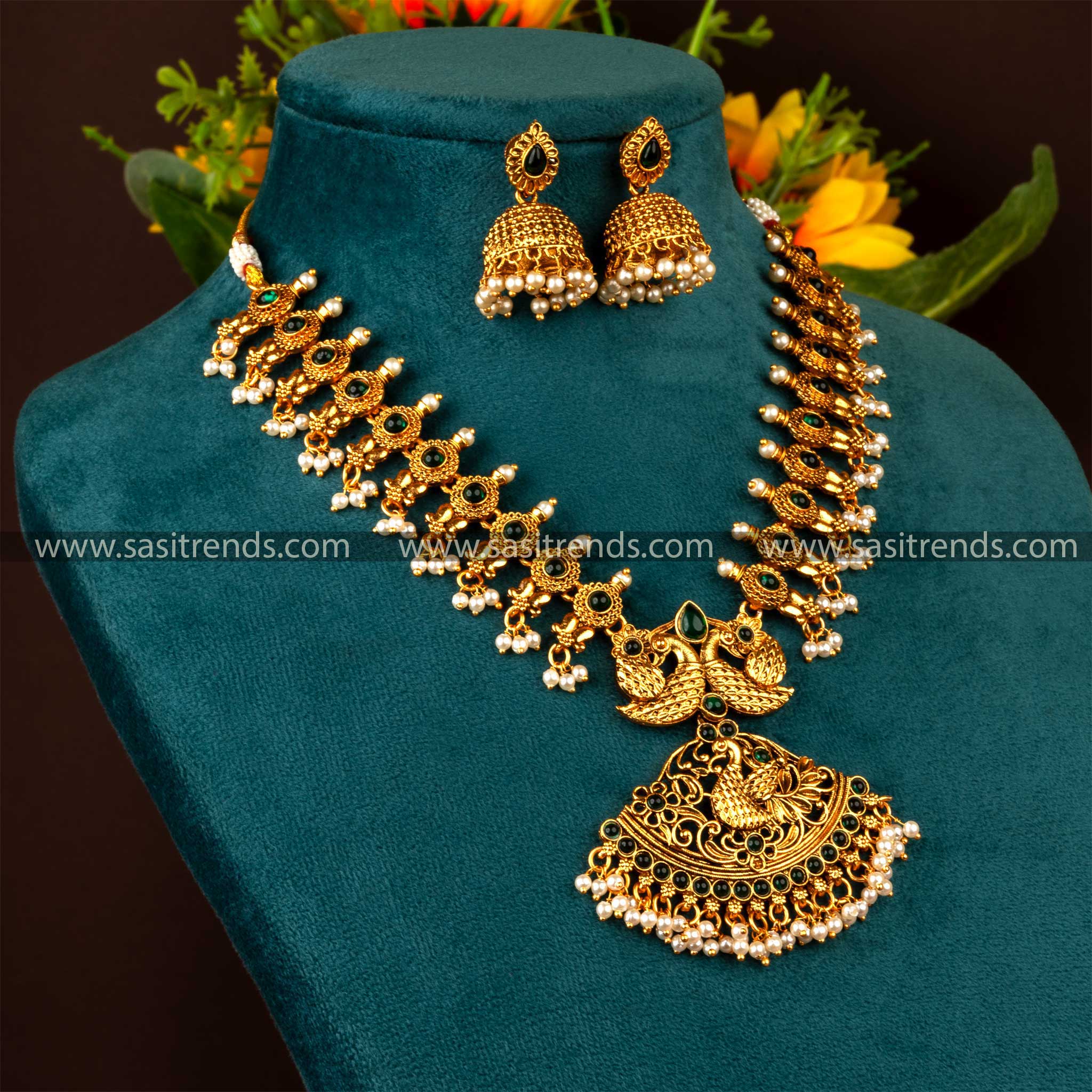 Elegant Matte Gold Plated Temple Peacock Wedding Jewellery Set with Green Stones and Jhumka Earrings, Traditional Temple Jewellery, Latest Collection