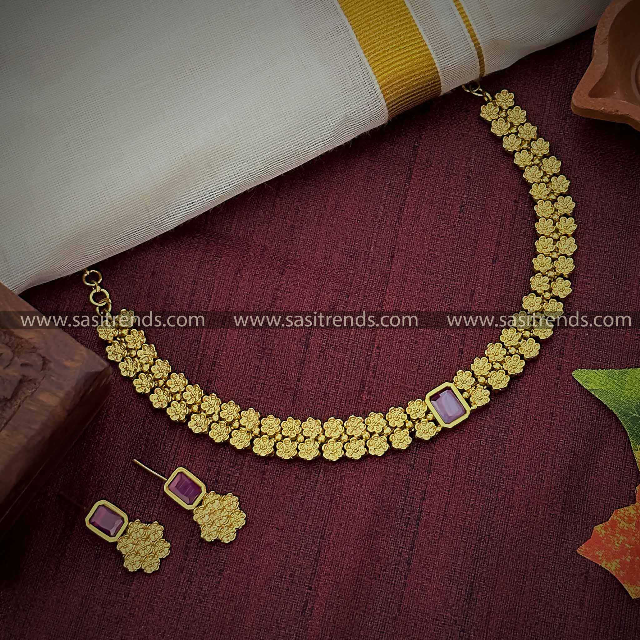 Floral Choker Necklace & Earrings Set with AD Stone - Women's Temple Gold Tone Traditional Jewelry