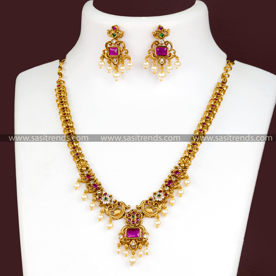 Traditional Temple Gold Plated Pearl Necklace with Multi Kemp American Diamonds & Pearls