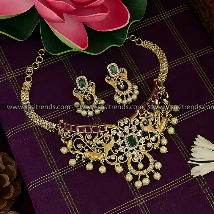 Latest Bridal Wear: Temple Matte Gold Tone Peacock Floral Choker Jewellery Set with Pearl | Sasitrends