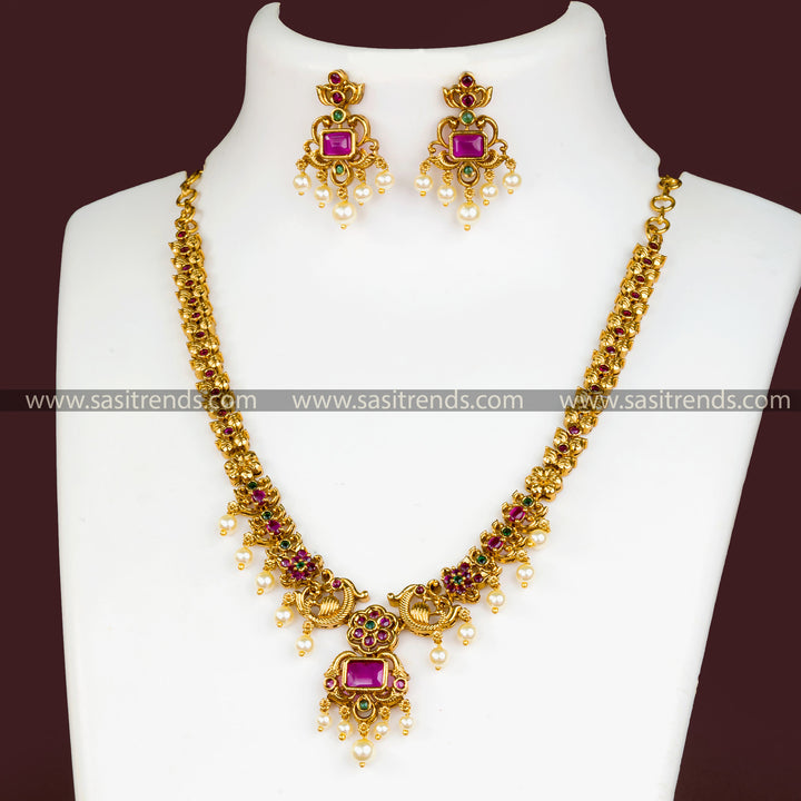 Traditional Temple Gold Plated Pearl Necklace with Ruby Green American Diamonds & Pearls