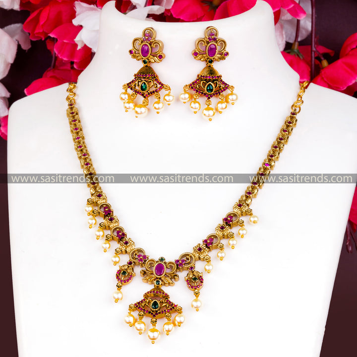 Traditional Matte Gold Plated Temple Floral Pearl Necklace with American Diamond Pendant & Earrings - Sasitrends