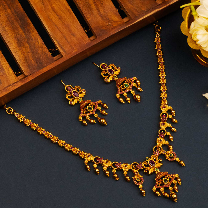 Latest Temple Gold Plated Bead Necklace with  Ruby-Green AD Stones