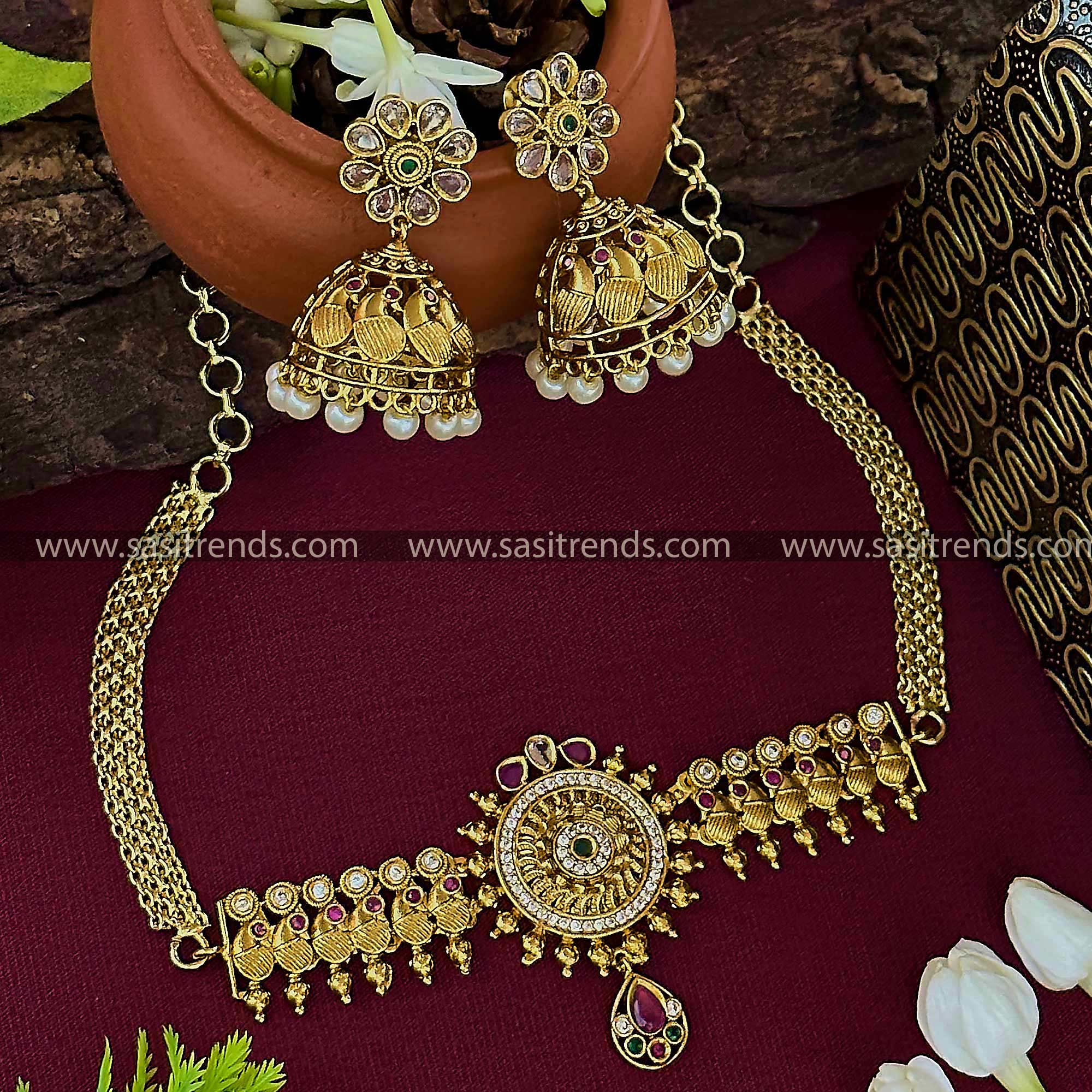 Temple gold plated floral AD peacock choker necklace with pearl jhumkas - Latest traditional jewelry for women