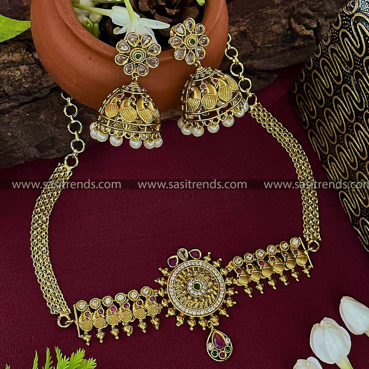 Trendy Temple Matte Gold Plated Floral Peacock Choker AD Jewellery Set | Sasitrends