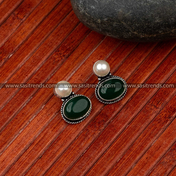 Time Elegance Oxidised German Silver Green Monalisa Stone Earrings