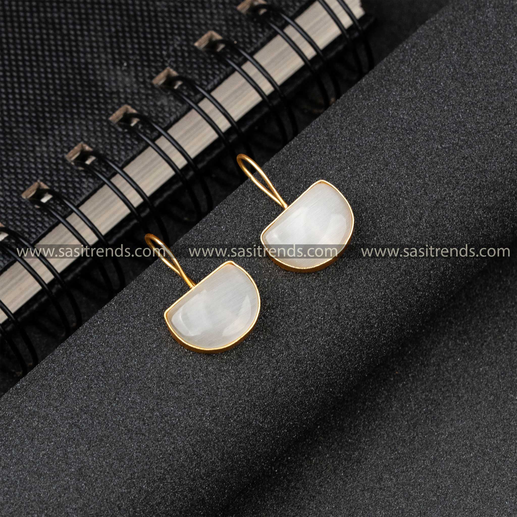 Traditional Brass Material Gold Plated White Monalisa Stone Fish Hook Earrings 