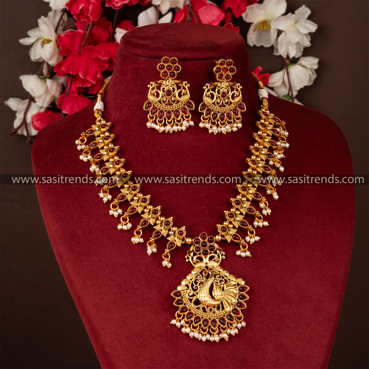 Traditional Classic Matt Gold Peacock With Floral Patter Ruby Jewellery Set