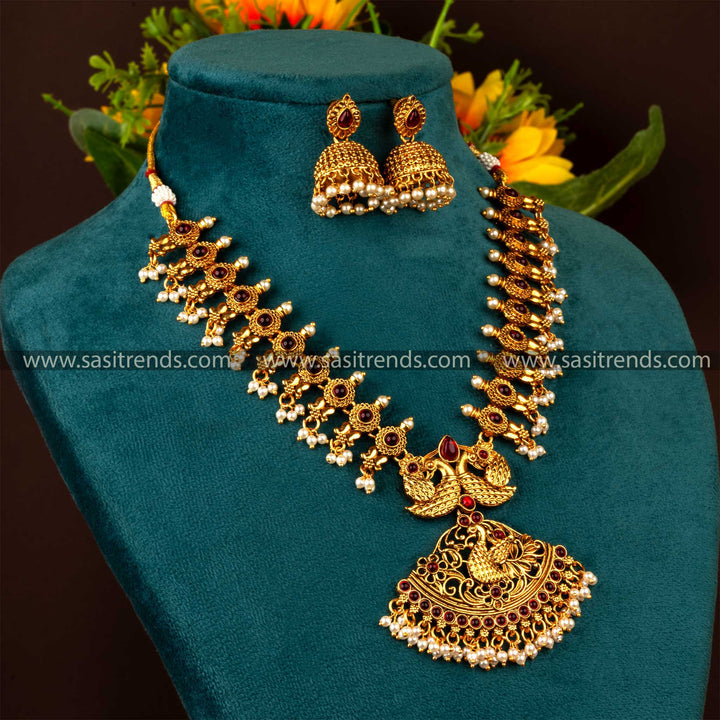 Exquisite Matte Gold Plated Temple Peacock Jewellery Set for Weddings with Ruby Stones and Jhumka Earrings, Temple Jewellery, Latest Fashion