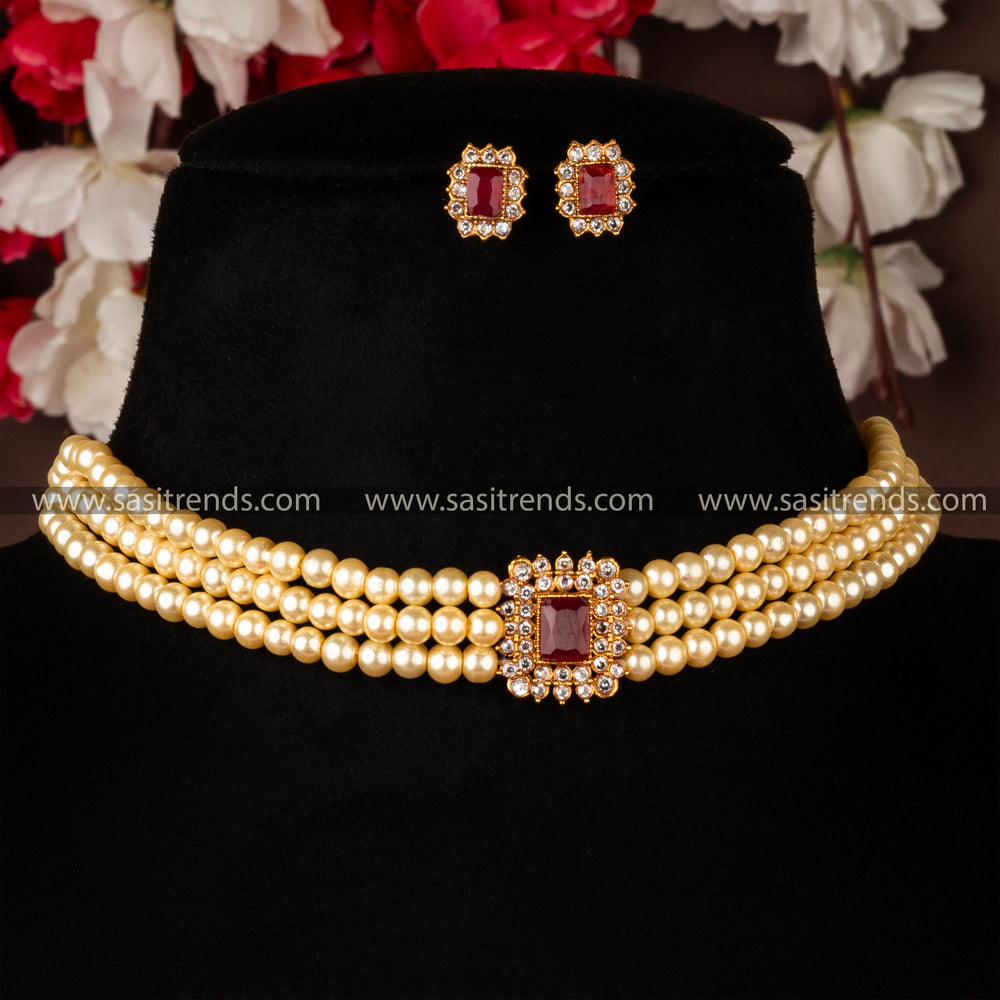 Traditional Classic Matt Gold Plated Three Line PearlChoker Necklace With Earrings Online