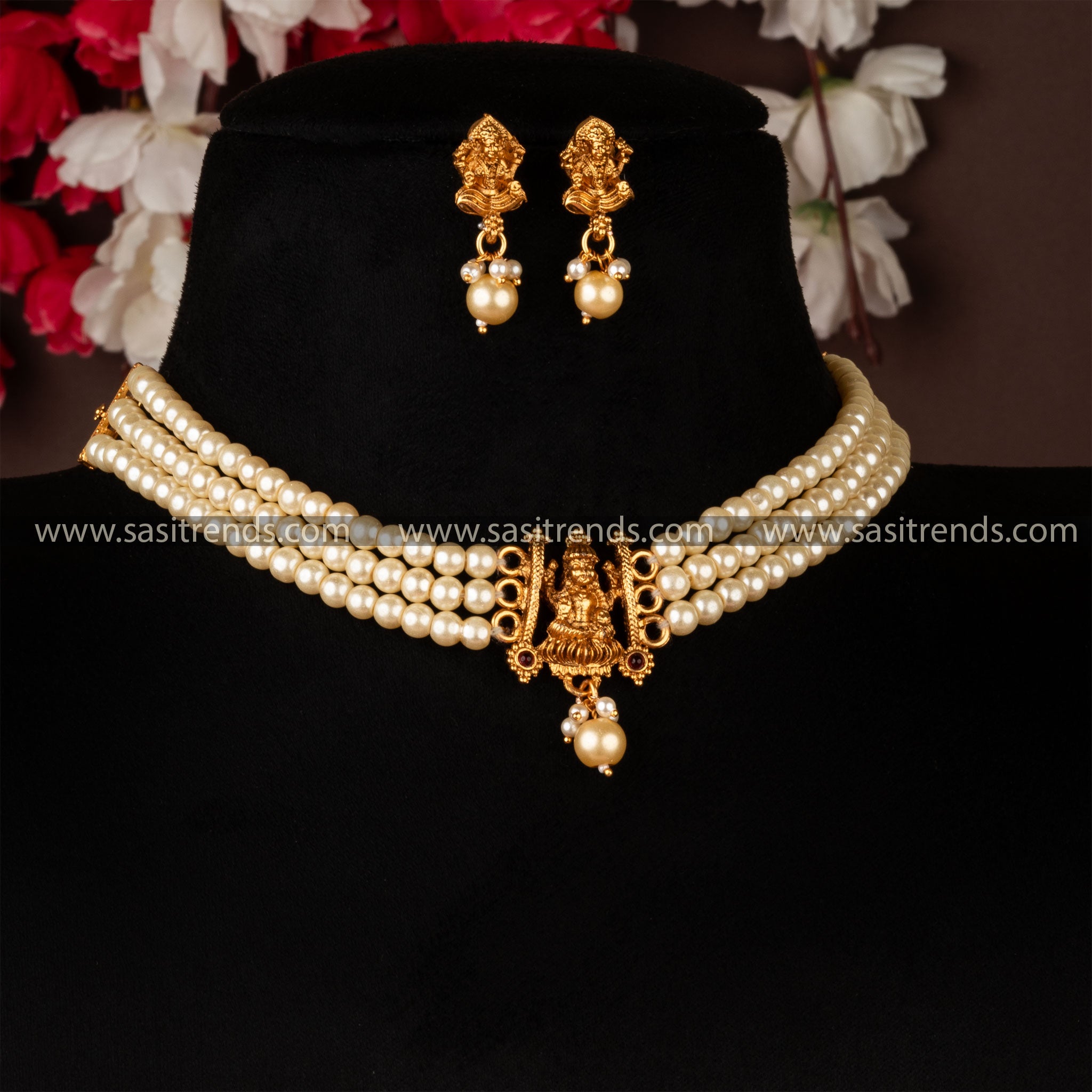 Classic Matt Gold Three Line Pearl Choker Lakshmi Necklace Set