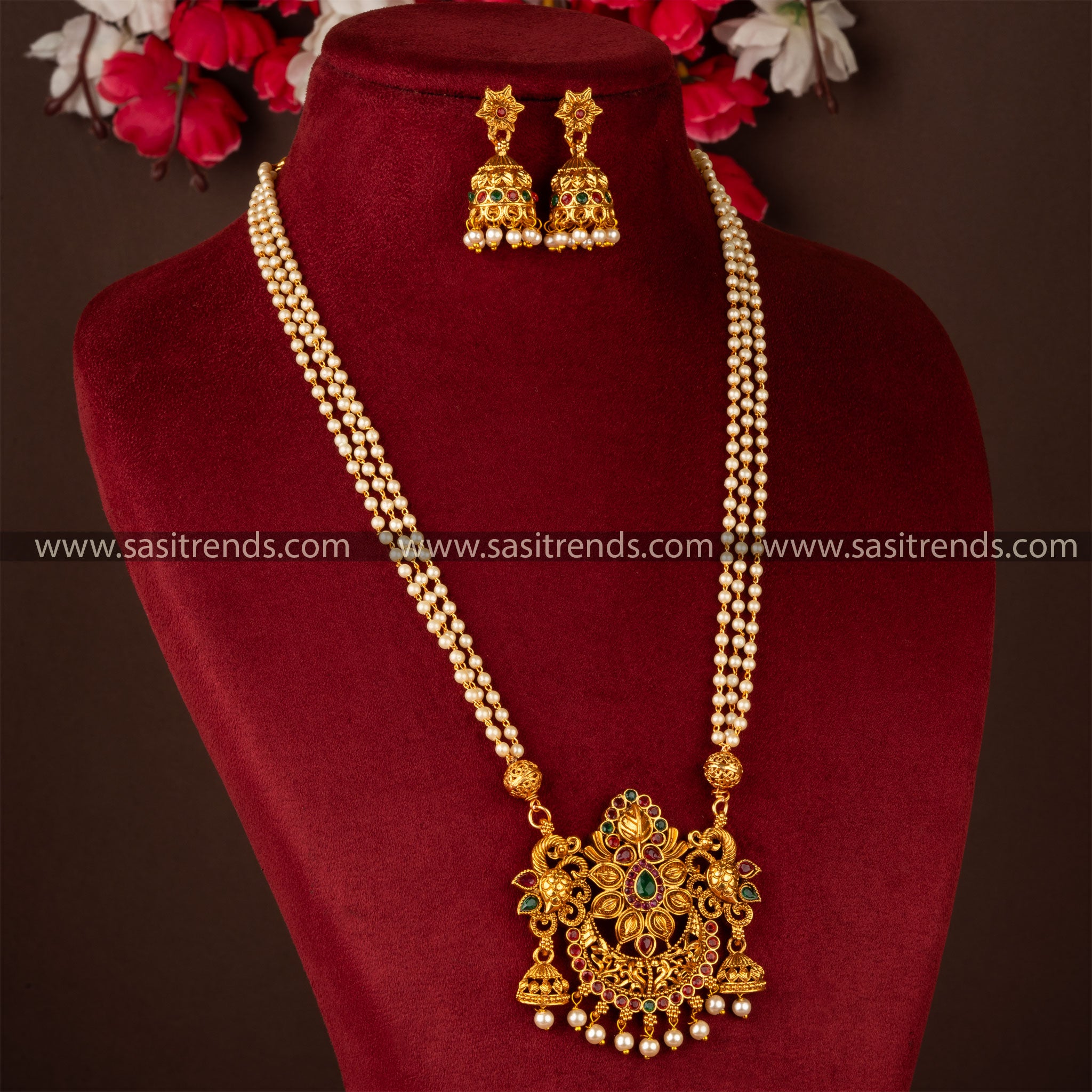 Traditional Classic Matt Gold Plated Three Line Pearl Mala Ruby Green Floral Pendant Jewellery Set