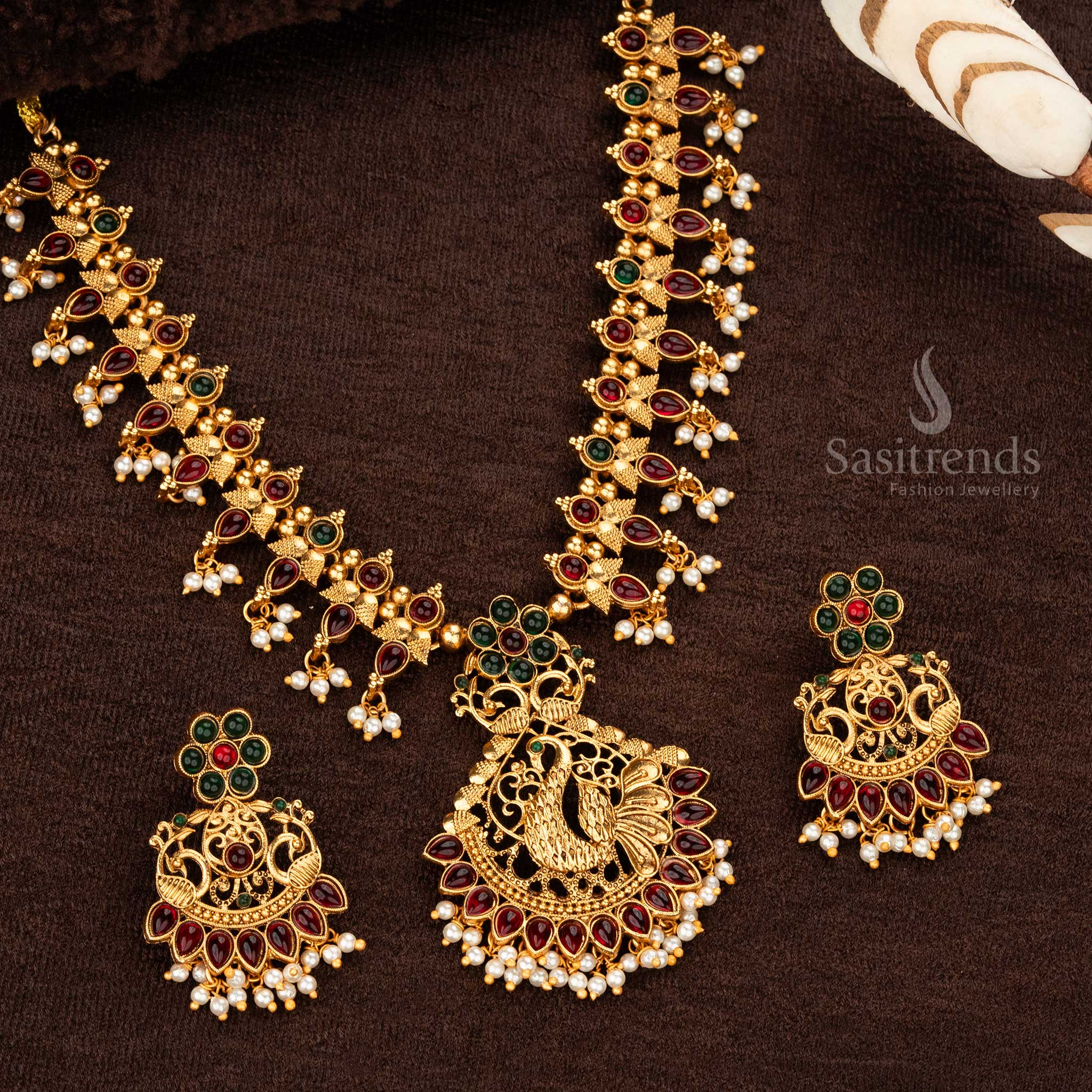 Traditional Classic Matte Gold Peacock With Floral Patter Ruby Green Jewellery Set - Sasitrends