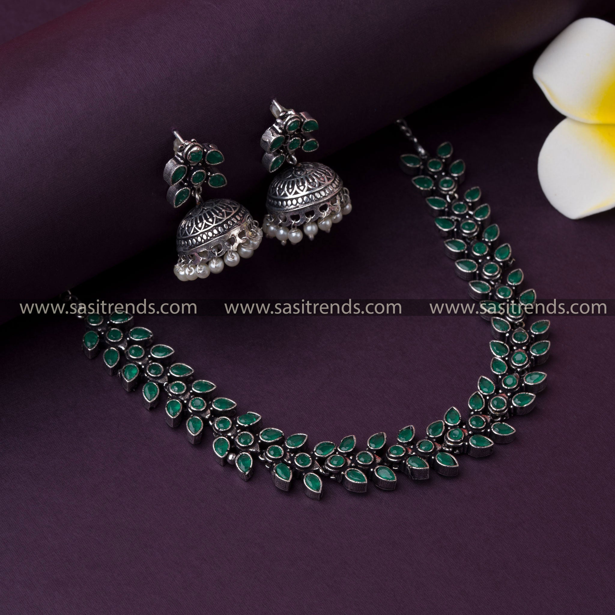  Oxidised Silver Necklace & Pearl Jhumkas with Green Stones - Perfect for Traditional and Western Parties - Trendy Fashion Jewelry