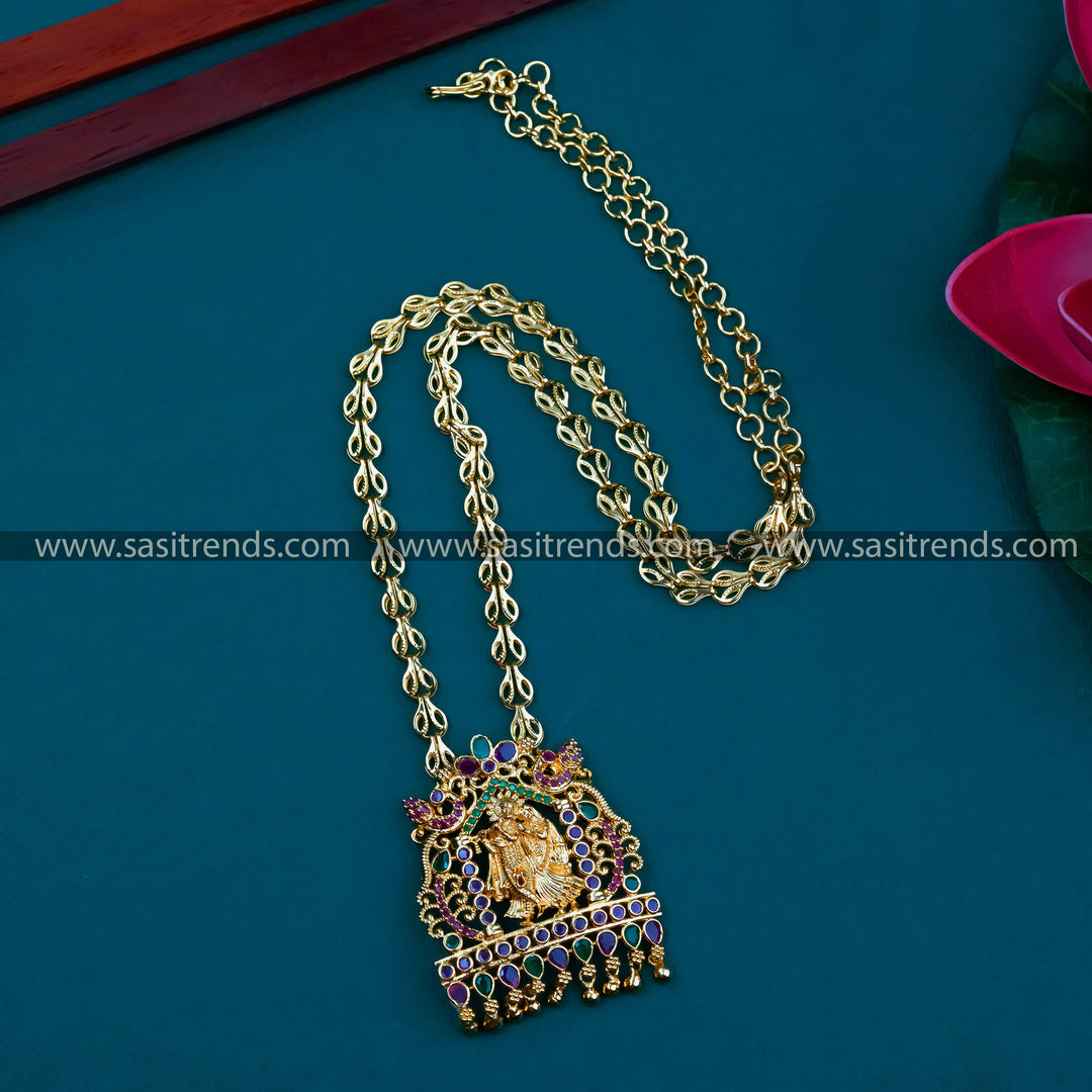 Traditional Micro Gold Plated Radha & Krishna Pendant Necklace with AD Stones