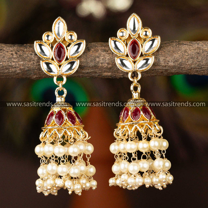 Traditional Gold Plated Maroon and White Stone Stud Kundan Jhumka Pearl Earrings Sasitrends Online 