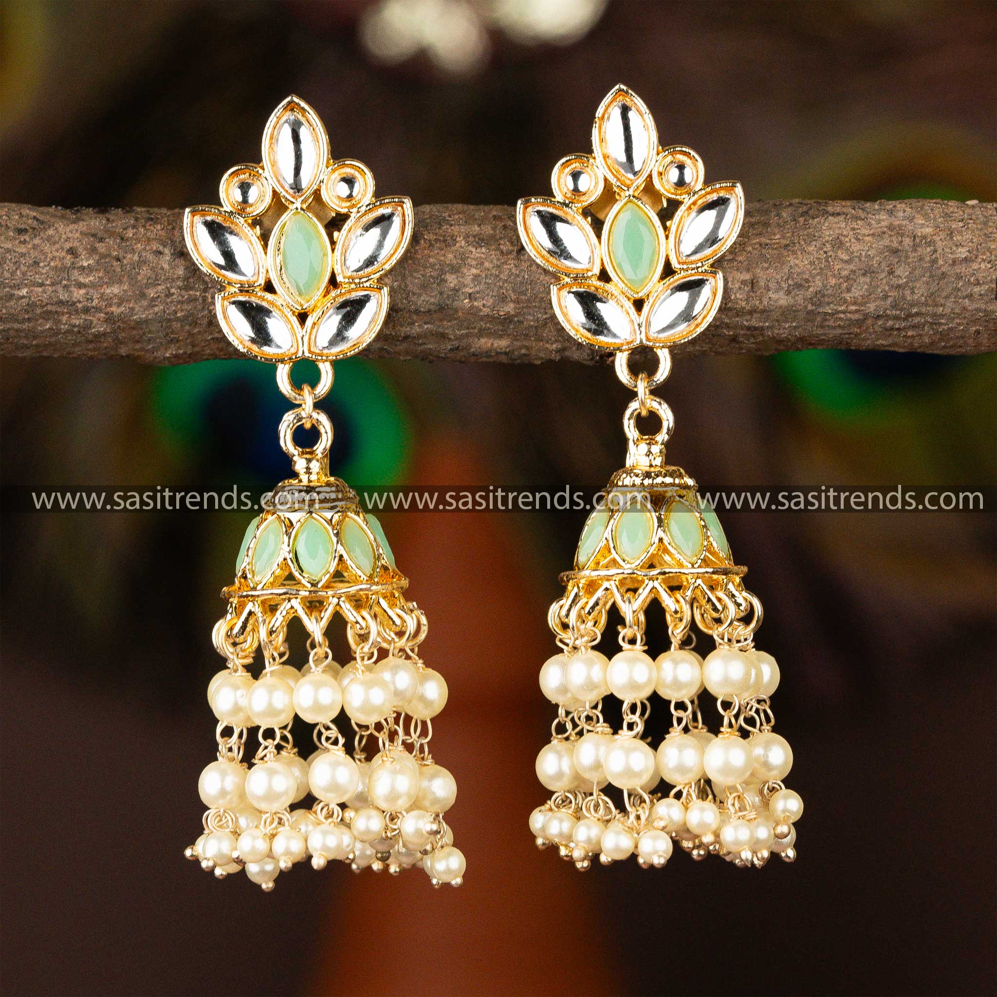 Traditional Gold Plated Mint White Stone Kundan Jhumka Earrings Sasitrends Online Shopping