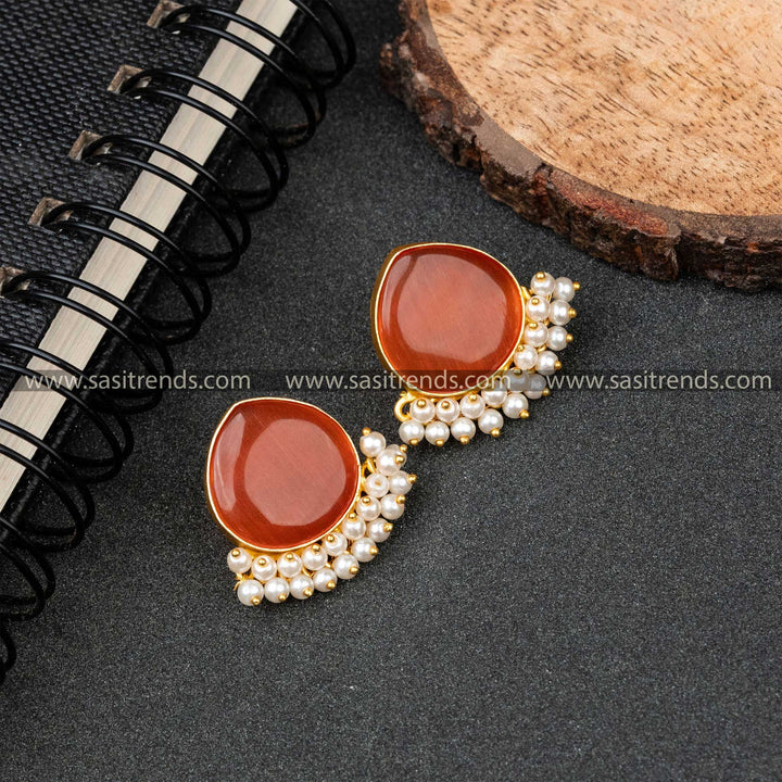 Traditional Gold Plated Pearl Hanging Monalisa Stone Studded Peach Earrings