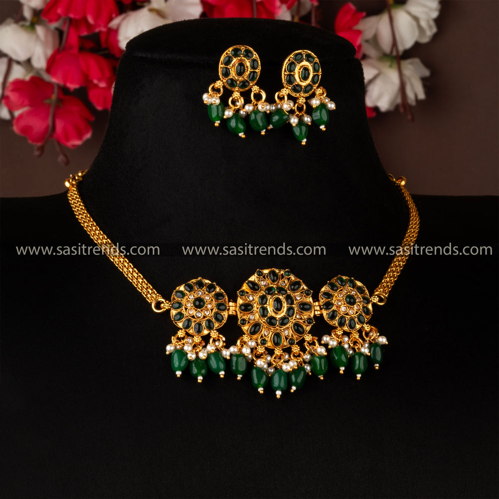 Traditional Green Floral Matt Gold Plated Jewellery Set