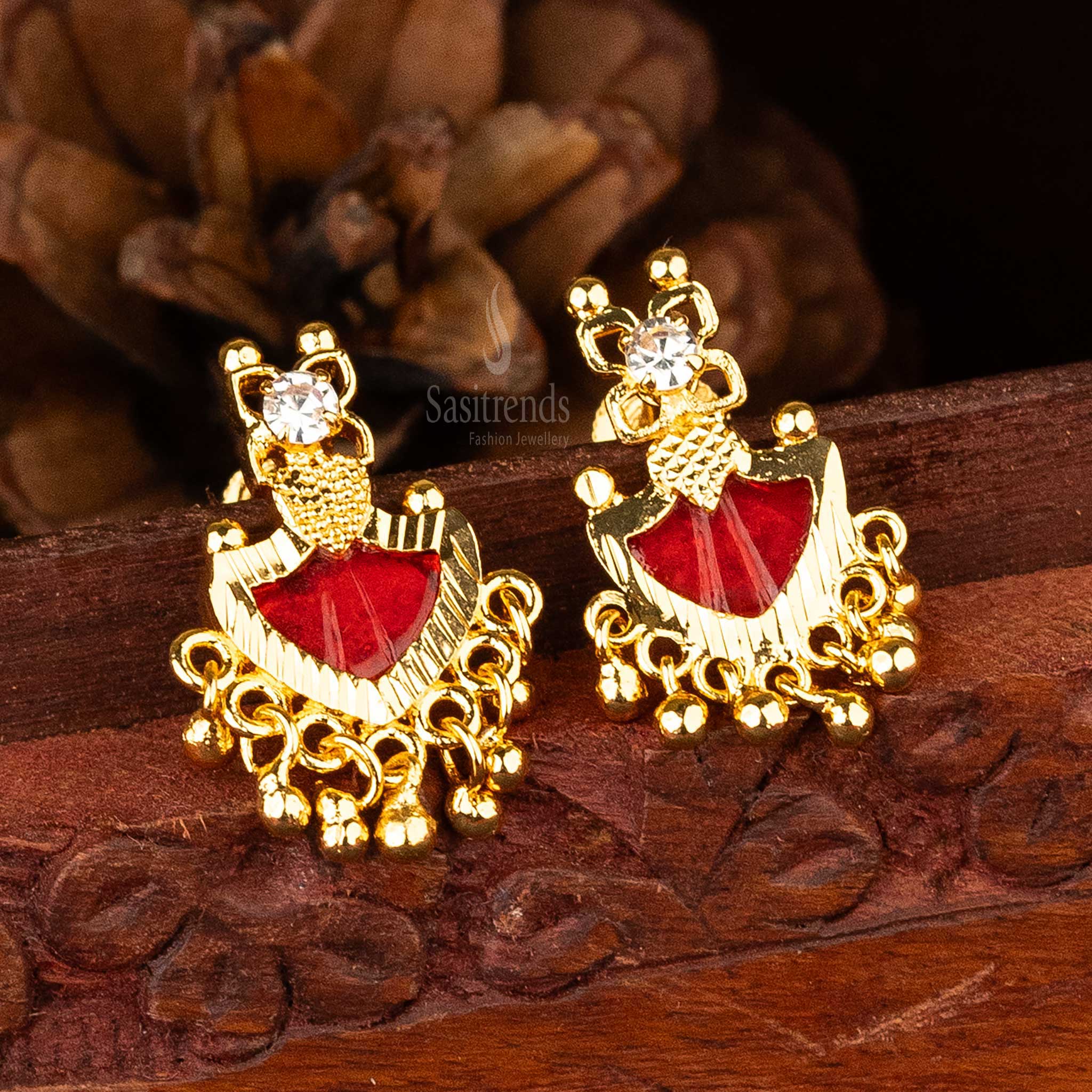 Traditional Palakka earrings with red stones and golden balls for festive wear