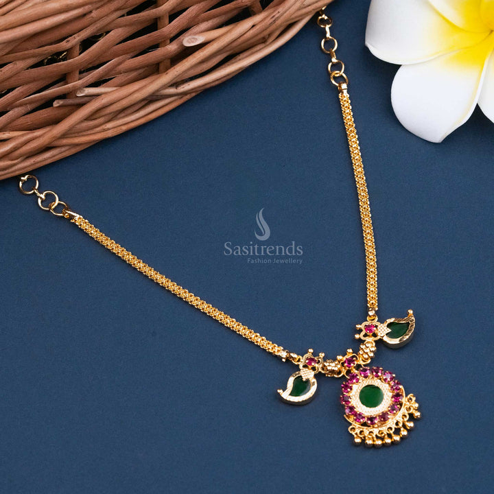 Micro Gold Plated Kerala Traditional Mango Leaf Palakka Necklace with Green Stone Pendant | Sasitrends