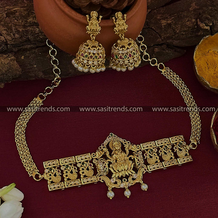 Trendy Temple Matte Gold Plated American Diamond Lakshmi & Peacock Choker Jewellery Set | Sasitrends