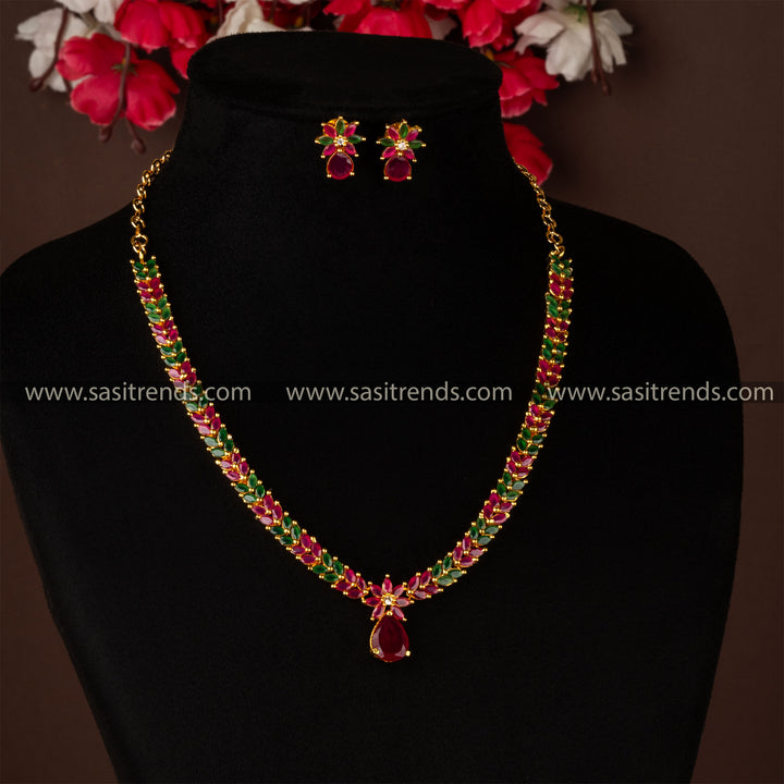 Traditional Leaf Pattern Ad Stone Jewellery Set With Matching Earrings