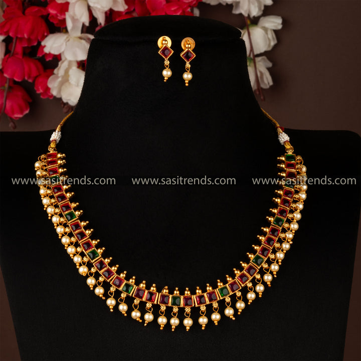 Traditional Matt Gold Plated Pearl Ruby Green Stone Jewellery set