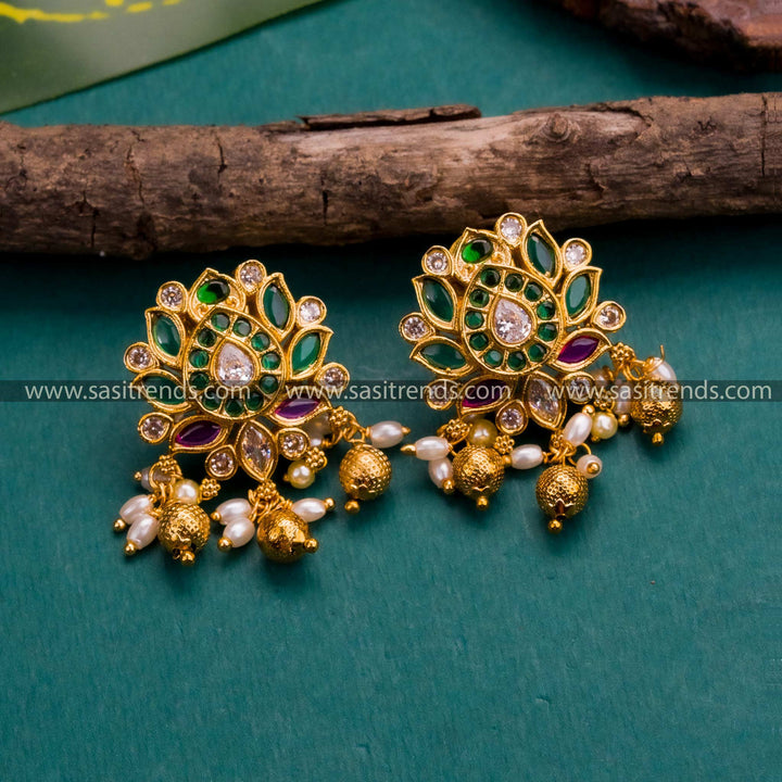 Graceful Temple Gold Plated Lotus Floral Earrings with Kemp AD Stones, Pearls, and Bead Hangings - Sasitrends