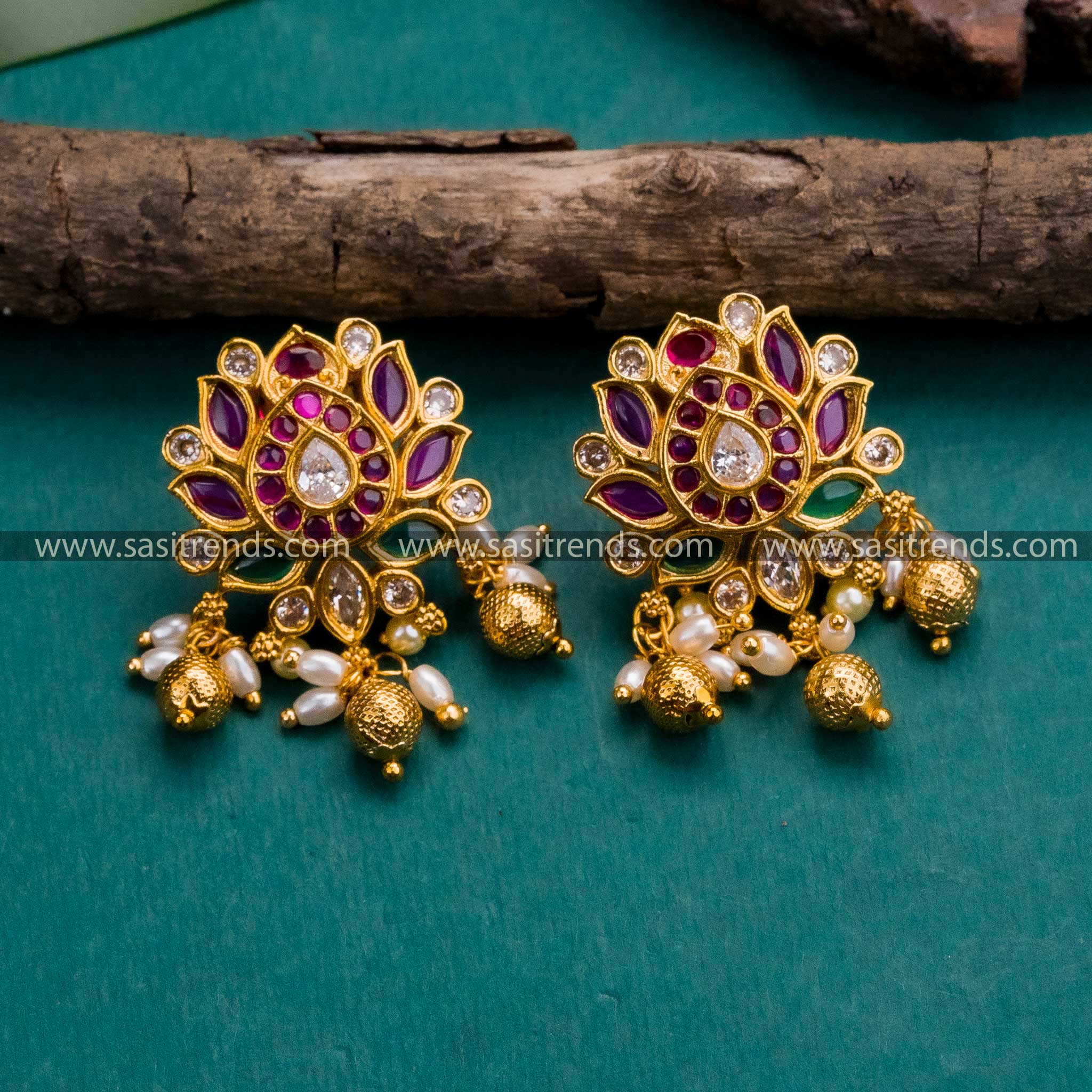 Graceful Temple Gold Plated Lotus Floral Earrings with Kemp AD Stones, Pearls, and Bead Hangings - Sasitrends